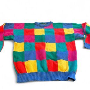 vintage multi-color checkerboard color block sweater checkered knit sweater